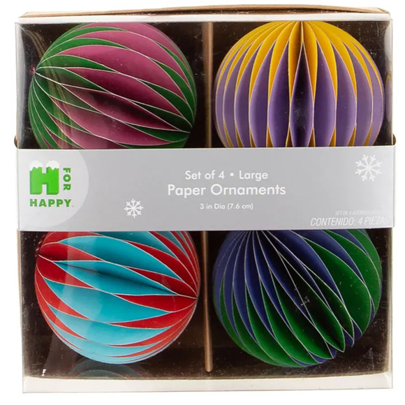 Christmas 3" Colorful Paper Ornaments Set of 4 Large Round Hanging H For Happy - Picture 1 of 3